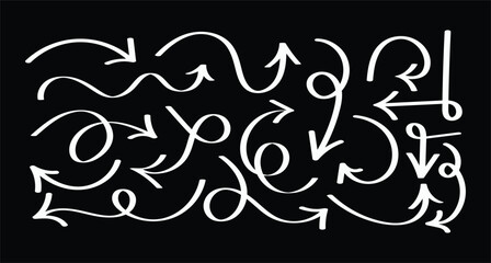Hand-Drawn White Curving Arrow Collection on Black Background, Doodle Sketch Vector Set for Emphasis, Movement, and Artistic Navigation Graphics