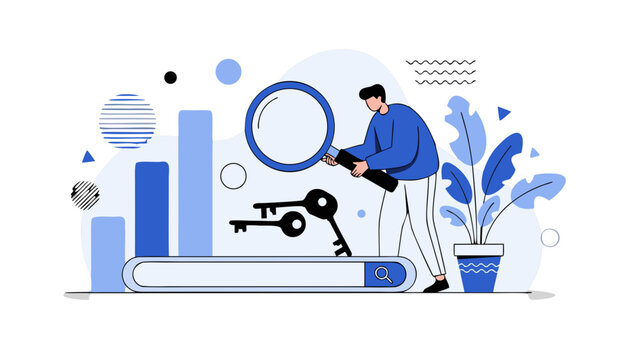 Man With Magnifying Glass Examining Search Bar And Keys Near Blue Bar Charts And Potted Plant Minimalist Illustration Representing Data Analysis And Keyword Research
