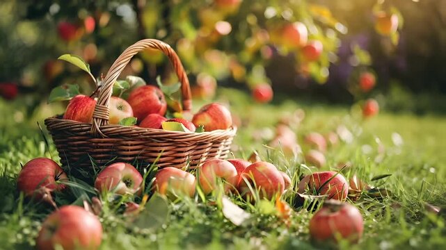 A closeup of a basket filled with red apples on a grassy field. The apples are in various stages of ripeness, with some still in the process of being picked.