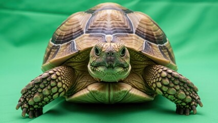 Majestic Tortoise Portrait: Close-Up of Ancient Reptile on Green Backdrop