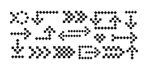 Collection of Pixelated Black and White Arrow Icons, Retro 8-Bit Cursor Symbols for Navigation, Gaming UI, and Digital Directional Design