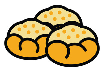 Three round golden colored baked buns with a speckled top sit together on a white background.