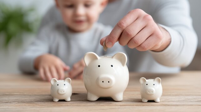 Child placing coin into large piggy bank while two smaller piggy banks sit nearby on wooden table, illustrating the importance of saving money and financial education for kids - Powered by Adobe