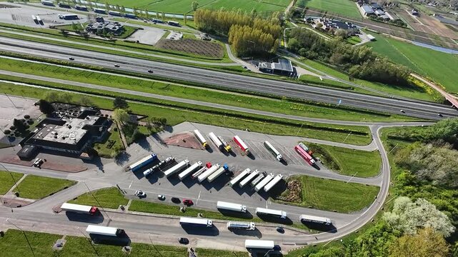 transport hub overview, drone survey captures activities at transportation logistics facility, coordinator plans schedules amid drone surveillance of trucking yard and freight movements