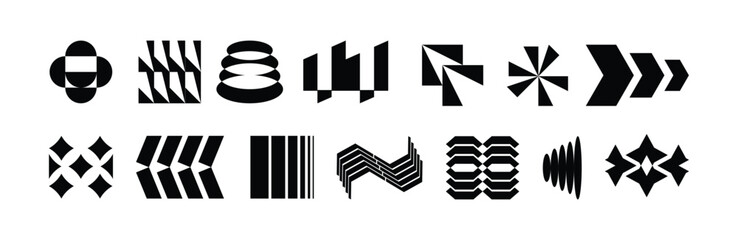 Minimalist Black and White Abstract Geometric Shapes Vector Set for Modern Digital Design, Branding, and Y2K Aesthetic Backgrounds