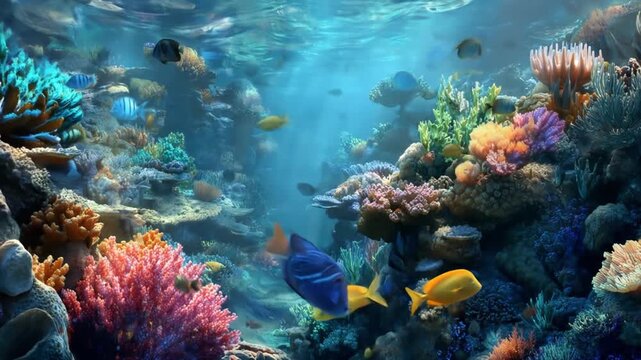 Underwater scene with vibrant coral and diverse fish life marine ecosystem