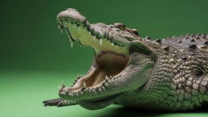 Menacing Crocodile Portrait: Open Jaws, Sharp Teeth, Green Backdrop, Detailed Scales