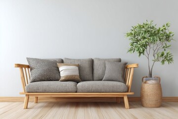 Modern sofa with plant and pillows in a bright, minimalist room.