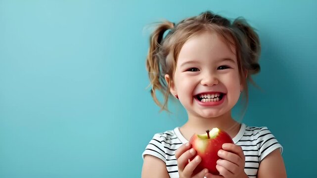 A young girl with pigtails is biting into a red apple against a turquoise background.
