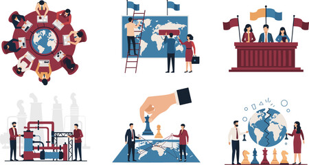 Global strategy illustration, diplomacy, industry, innovation, planning, politics, teamwork, chess decision, international meeting, factory, research icons