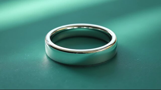 Close-up of a shiny silver ring on a green surface with soft shadows