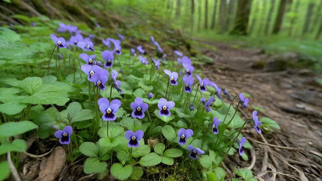 Vibrant purple wild violets bloom beautifully on a mossy forest floor