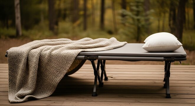 A comfortable folding cot with a cozy blanket and pillow on a wooden deck in a serene forest setting for outdoor relaxation concept