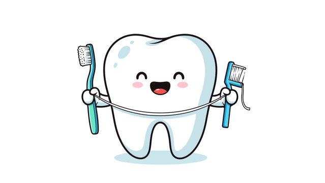 Cheerful cartoon tooth holds toothbrush and floss like a jump rope