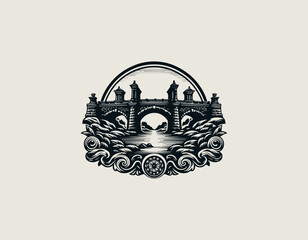 Vintage Stone Bridge black vector logo illustration