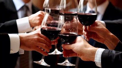 A closeup shot of a group of individuals clinking wine glasses in a toast. The scene is set in a formal setting, with the focus on the hands holding wine glasses. - Powered by Adobe