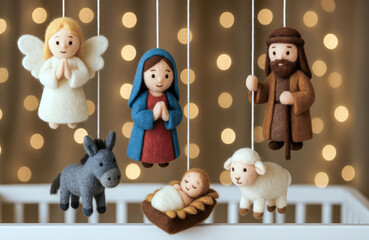 Felt nativity scene mobile hanging over a baby crib with blurred Christmas lights in the background for Christmas decoration.