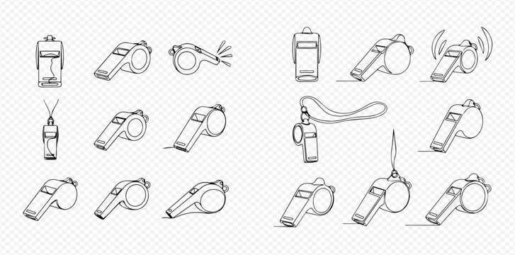 Set of outline whistles with lanyards and sound effects for sports and safety.