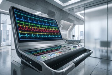 A modern patient monitor displays colorful EKG waveforms in a sleek, futuristic hospital room, highlighting advanced medical technology.