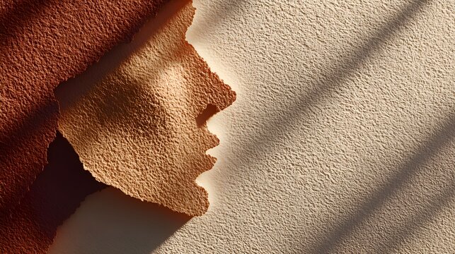 A textured surface shows a torn edge with a contrasting color and dd light creating a layered and abstract background scene here now.