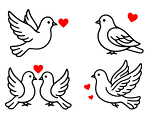 Icon for Valentine's Day, 4 love dove illustrations, outline version