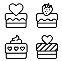 Icons for Valentine's Day, 4 cake illustrations, outline version