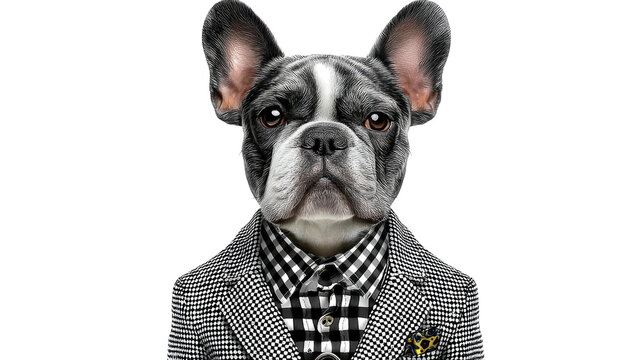 Stylish French Bulldog Dressed in a Checkered Suit with a Confident Expression and Unique Fashion Statement