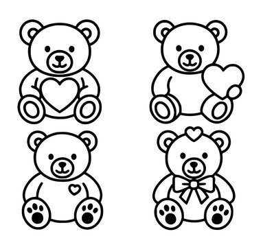 Icons for Valentine's Day, 4 teddy bear illustrations, outline version
