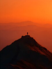 Obraz premium Silhouette of a person standing atop a mountain peak, bathed in the warm glow of a vibrant orange sunset and distant mountain silhouettes.