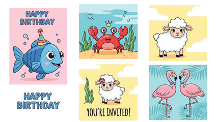 Collection of charming animal illustrations perfect for greeting cards and invitations