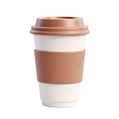 Minimalist 3D rendered coffee to go cup with a white body and brown lid and sleeve against a clean white background, ideal for breakfast and morning concepts.