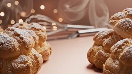 Cream Puff Day celebration background with close-up fresh cream puffs on elegant beige rose gold setting
