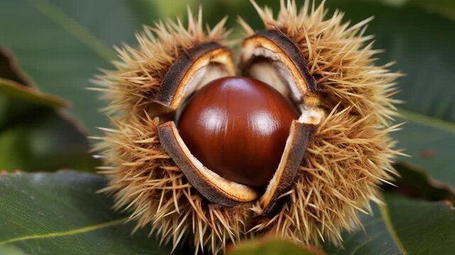A close-up shot of a single ripe chestnut emerging from its spiky, open husk, set against a blurred green leafy background.