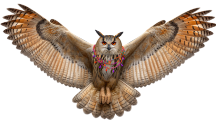 Majestic Owl in Flight with Colorful Jewelry Accenting its Feathers and Intense Gaze