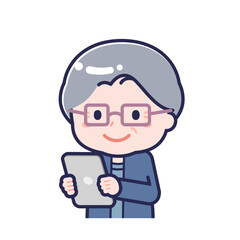 タブレットを使う「私服のシニア」の女性