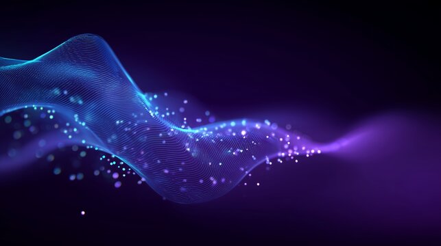 Abstract digital wave with glowing particles in blue and purple hues on a dark background - Powered by Adobe