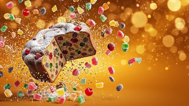 Fruitcake Toss Day flying fruitcake crumbs and candied fruits scattering on bright orange gold background
