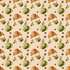 Coffee Seamless Pattern with green cups, croissants and cocoa balls, vector illustration for t-shirts, mugs, posters, crafts, textile, wallpapers, and digital downloads.