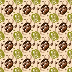 Coffee Seamless Pattern with brown and green beans, seamless repeat design for gift wrap, textile prints, packaging, coffee shop branding, stationery, and home décor applications.