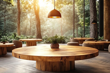 Fototapeta premium A modern wooden table surrounded by stylish seating, illuminated by a pendant light, set in a serene forest environment.