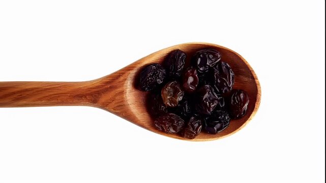 A wooden spoon filled with dried prunes on a white background.