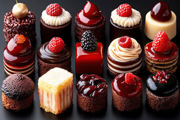 Chocolate mini cake with chocolate ganash. A tempting array of gourmet mini desserts, featuring layers of rich chocolate, cupcake, muffins and fresh berries, presented elegantly on a dark background.