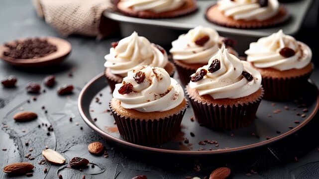 A closeup shot of a plate of cupcakes with white frosting and raisins on a dark surface. The cupcakes are arranged in a semicircle, with the topmost cupcake slightly tilted to the left.
