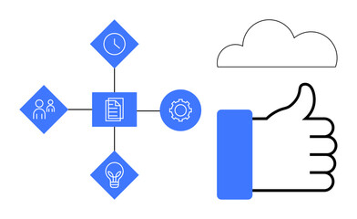 Cloud collaboration. Visual ion of teamwork, productivity, and cloud services for projects and businesses. Cloud collaboration supports efficiency in planning, communication, and innovation. Perfect