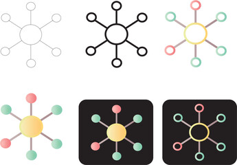 Collection of minimalist vector Infographic illustrating network connections, data flow, and hub-and-spoke structures for digital graphics and abstract concepts