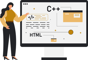Business Lady Explaining Web programming. Young women showing screen computer programmer software coding language.