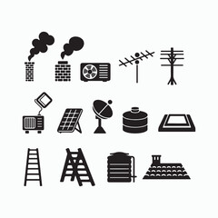 Industrial infrastructure and energy production black silhouette icon set