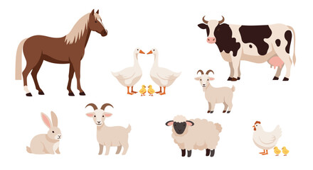 Obraz premium Cute collection of various cartoon farm animals isolated on a white background, including a horse, cow, goat, sheep, and rabbit.