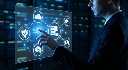 Finger touching futuristic digital security interface     