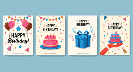 Birthday, cards, celebration, balloons, cake, candles, gift, box, confetti, stars, party, hats, greeting, festive, colorful, hand, ribbon, blue, background, illustration © Hey There